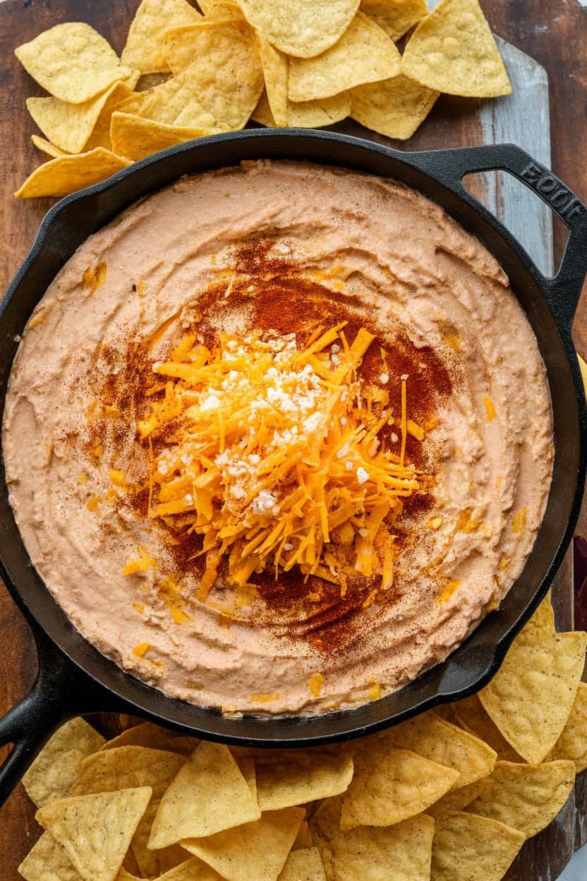 An indoor cast-iron skillet of creamy elote dip topped with cotija cheese and chili powder, tortilla chips surrounding, no text or logos.