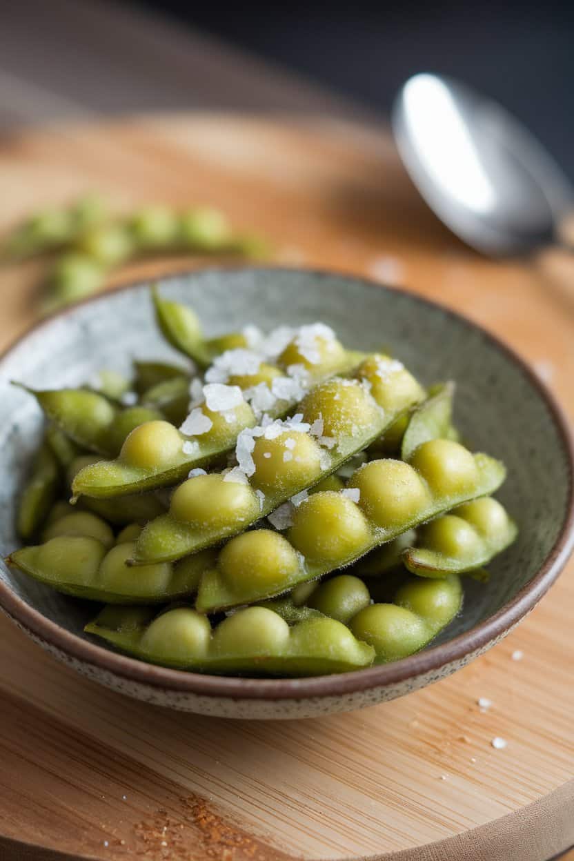 Indoor photo of a shallow bowl holding bright green cooked edamame pods sprinkled with flaky sea salt; no text or logos anywhere.