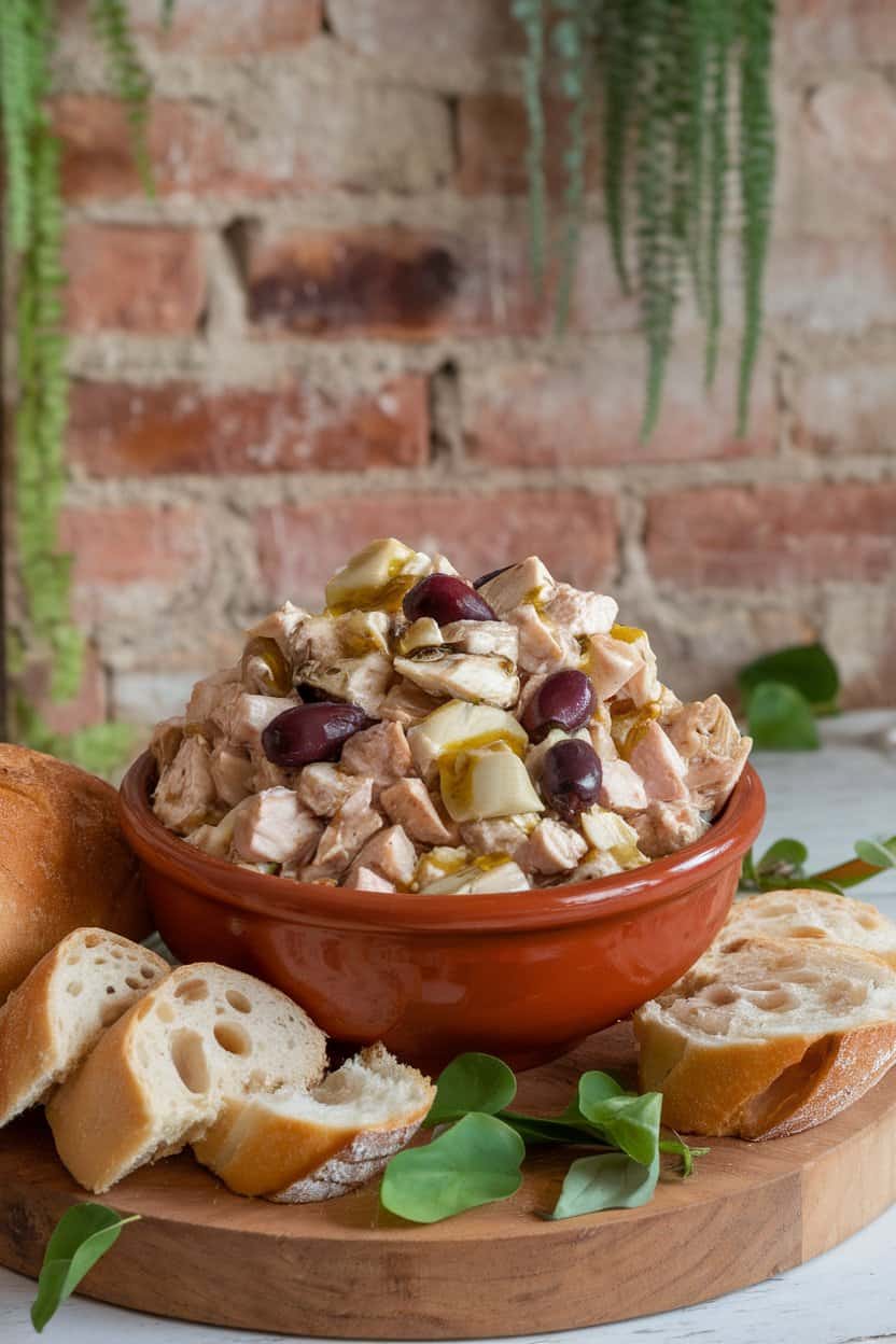 Indoor photo of chicken salad featuring chopped Kalamata olives and artichoke hearts, drizzled with olive oil, served in a terracotta bowl—no text or logos