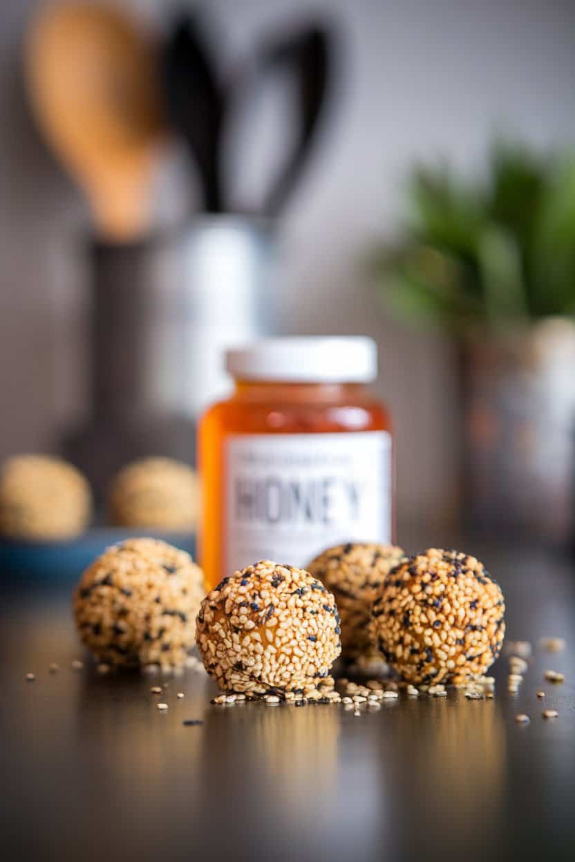 Indoor countertop with golden protein balls rolled in toasted white and black sesame seeds, jar of honey behind them. No text or logos. Photo only.