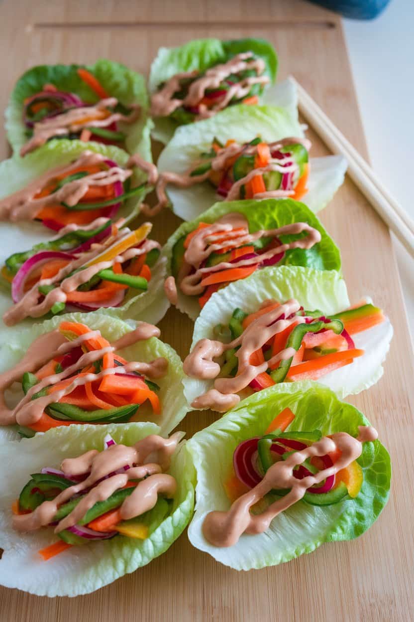 Indoor photo of small butter-lettuce leaves filled with colorful veggie ribbons and drizzled with creamy peanut sauce. No text or logos.