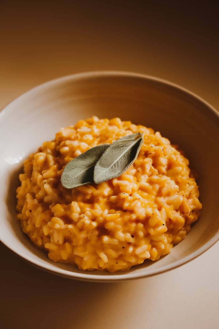 Warm indoor lighting over a bowl of creamy butternut squash risotto, sage leaves scattered on top, no text or logos visible.