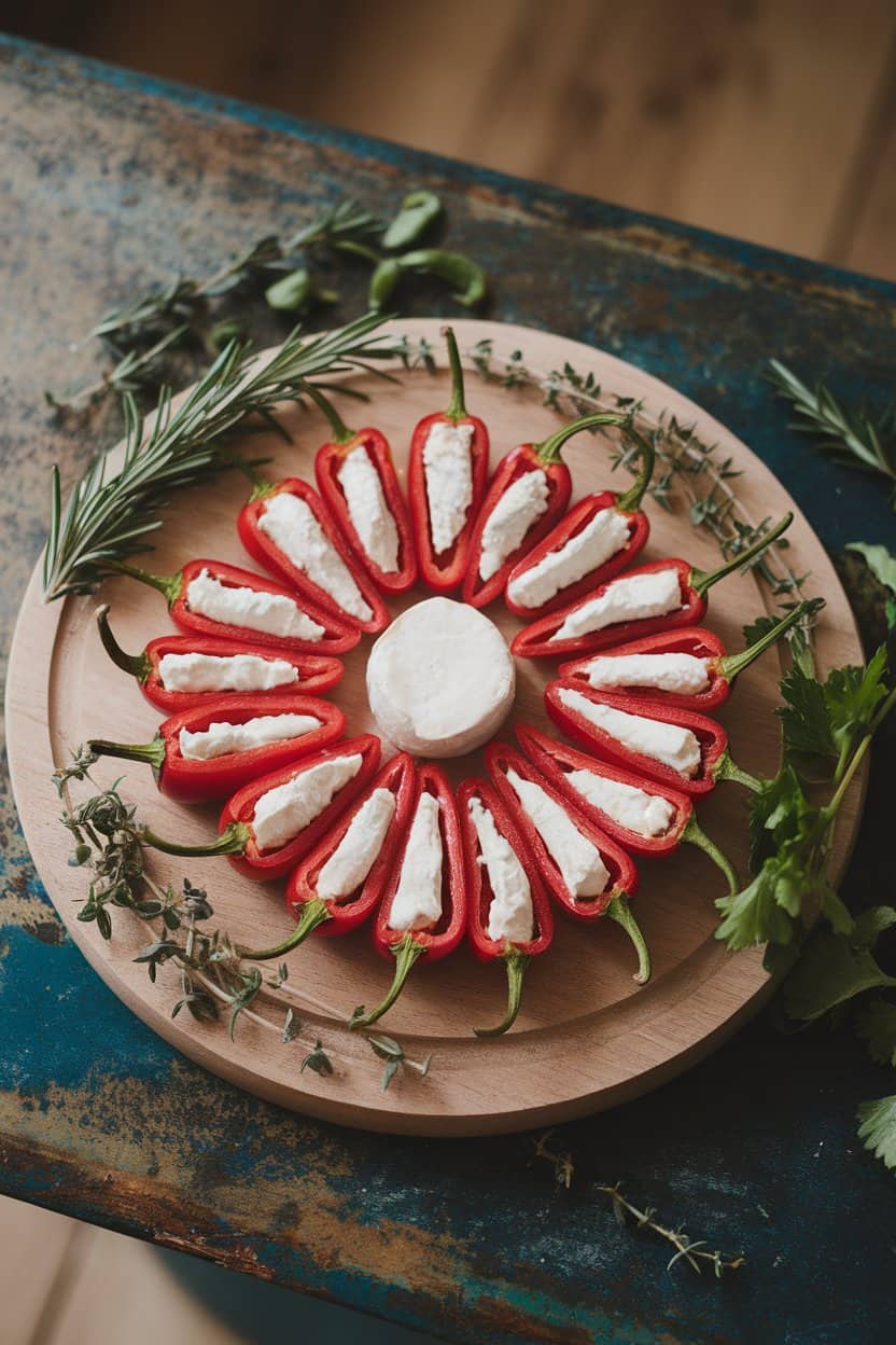 An indoor wooden board with bright red peppadew peppers filled with creamy goat cheese, herbs sprinkled on top. No text or logos; photo only.