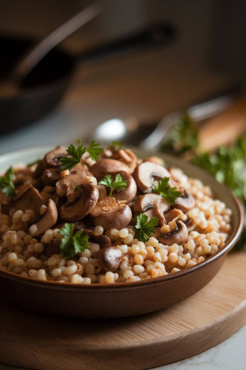 Indoor photo of a wide serving dish filled with barley, sautéed mushrooms, and parsley; soft evening lighting, no text or logos