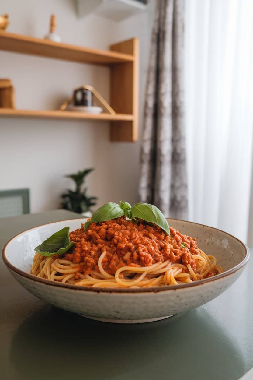 A pasta bowl on an indoor dining table filled with spaghetti coated in hearty red lentil sauce, fresh basil leaves scattered, no text or logos.