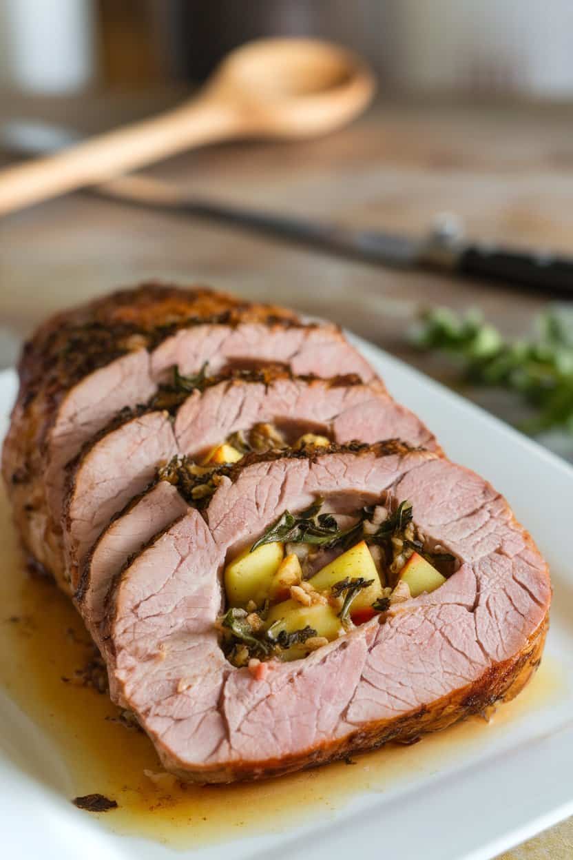 Indoor photo of sliced pork tenderloin revealing an apple and herb stuffing, pan juices pooled around, no text or logos