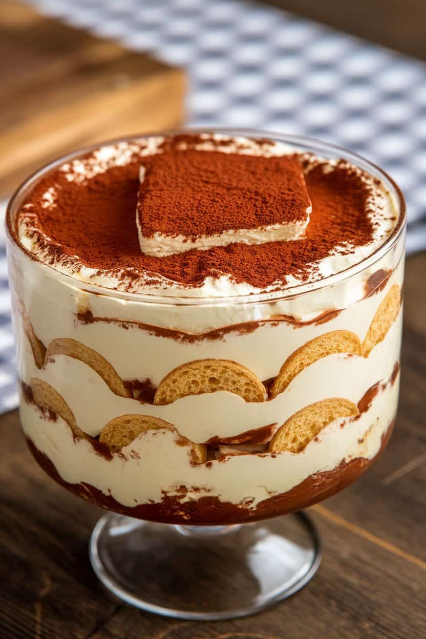 Indoor trifle dish of Baileys tiramisu, cocoa dusted on top, layers of mascarpone and coffee-soaked ladyfingers visible through glass. No text or logos anywhere. Photo.