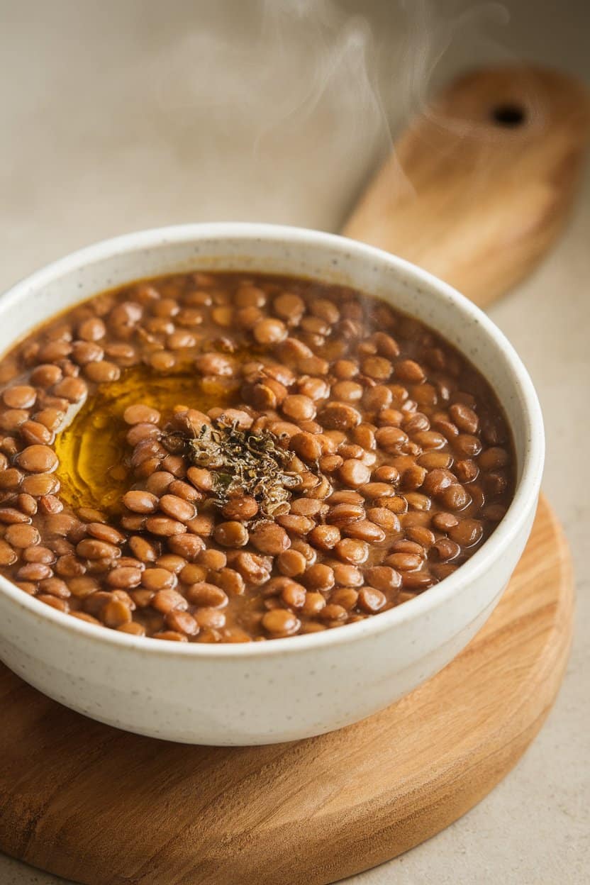 Indoor bowl of cooked brown lentil soup garnished with a swirl of olive oil and a sprinkle of oregano, steam gently rising. Neutral background, no text or logos.