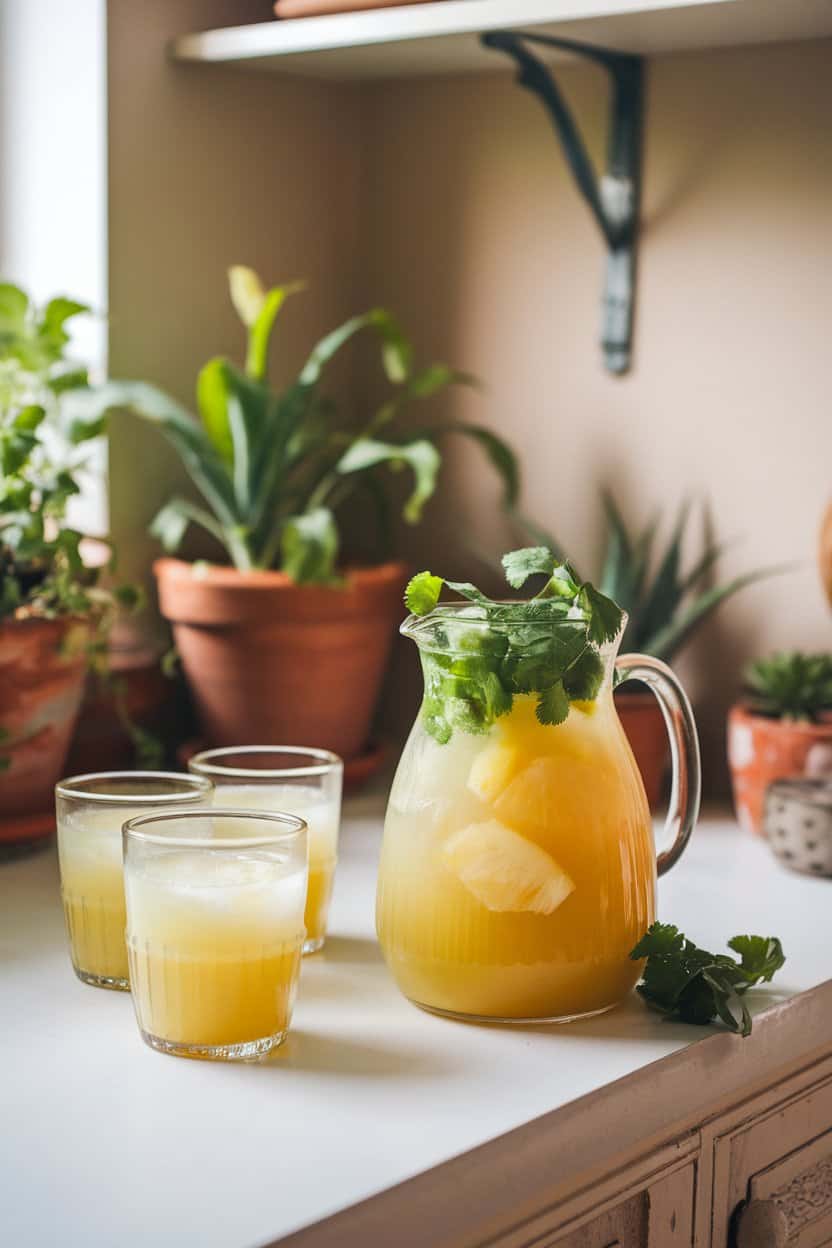 Photo of an indoor kitchen island, glass pitcher of golden pineapple agua fresca, cilantro leaves floating, matching tumblers nearby; no text or logos