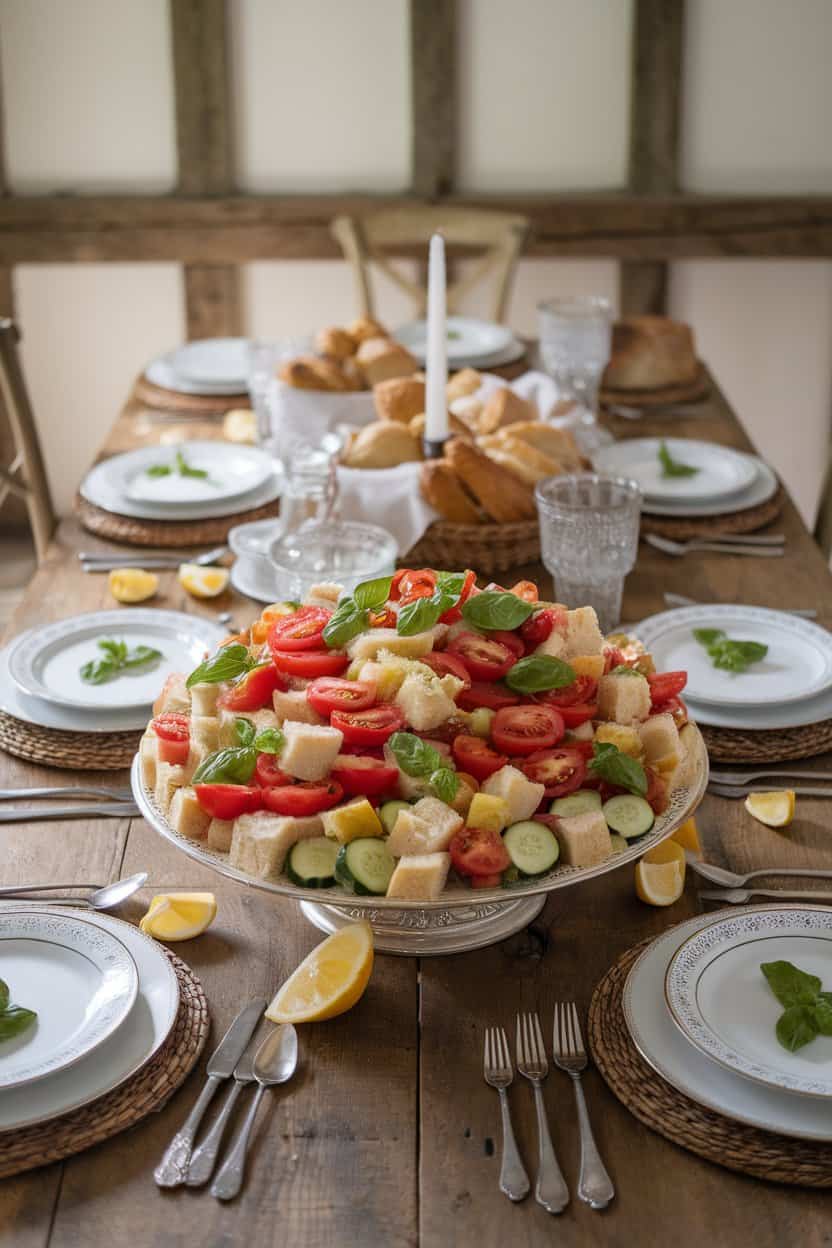 Photo of an indoor farmhouse table with a serving platter heaped with chunky bread cubes, multicolored tomato wedges, cucumber slices, and basil leaves, lightly coated in vinaigrette. No text or logos.