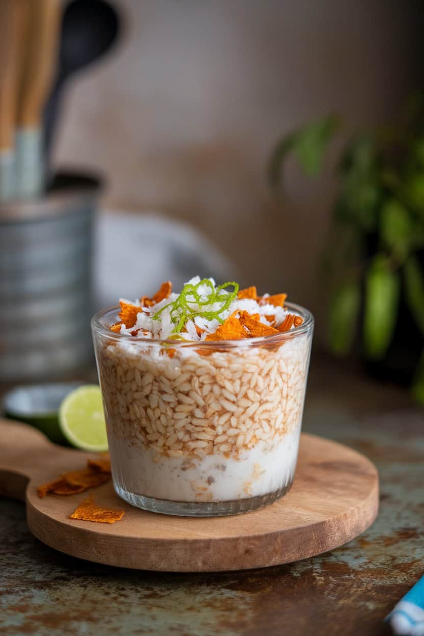 Indoor photo of a glass container filled with soaked farro in coconut milk, topped with lime zest and toasted coconut chips; no text or logos