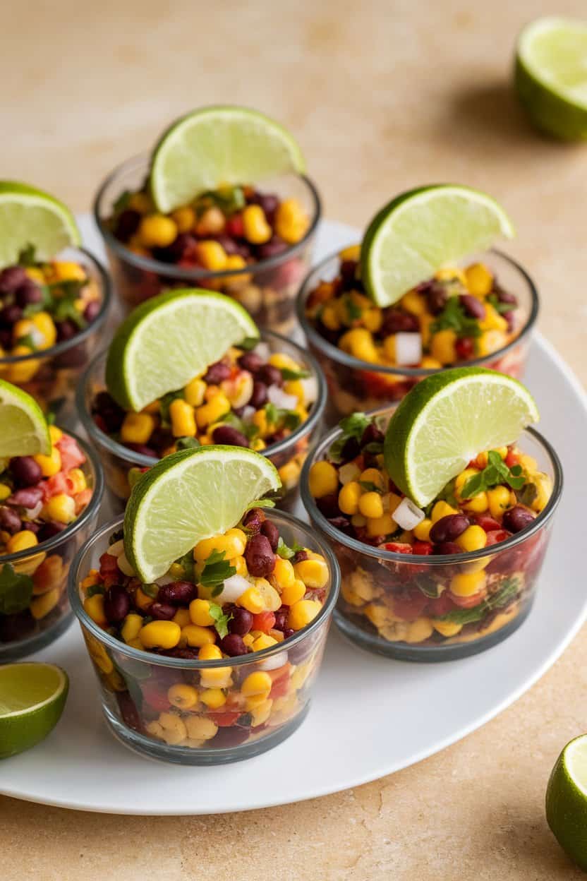 Indoor photo of small deli cups filled with colorful black bean and corn salsa, lime wedge garnish on top; no text or logos present.