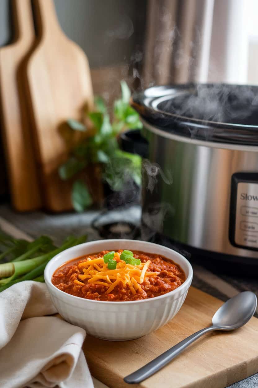 A cozy indoor kitchen scene with a bowl of thick turkey chili topped with shredded cheese and green onions, slow cooker visible in the background emitting steam. No text or logos. Photo only.