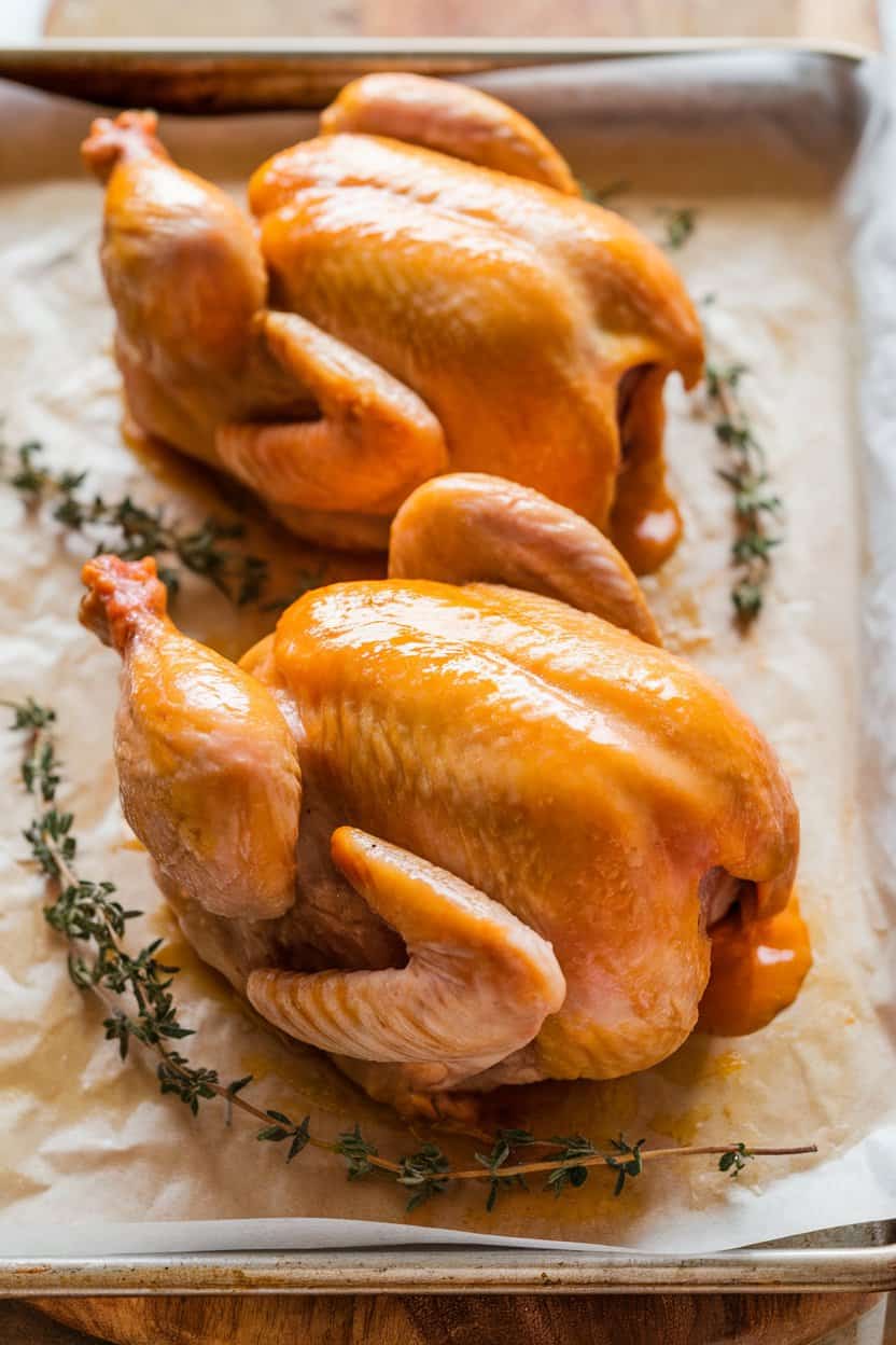 Indoor photo of halved Cornish hens brushed with shiny orange glaze, resting on a baking sheet with thyme sprigs, no text or logos