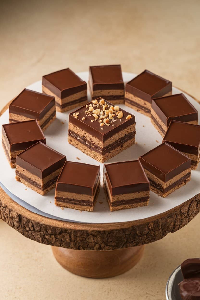 An indoor pastry board featuring layered squares with a date-hazelnut crust and glossy chocolate top; no text or logos.