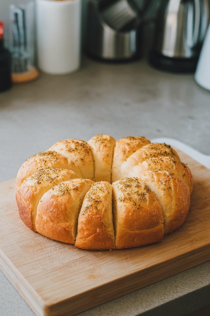 Indoor kitchen cutting board with a round loaf of pull-apart garlic bread, stretchy cheese visible between segments; no text or logos.
