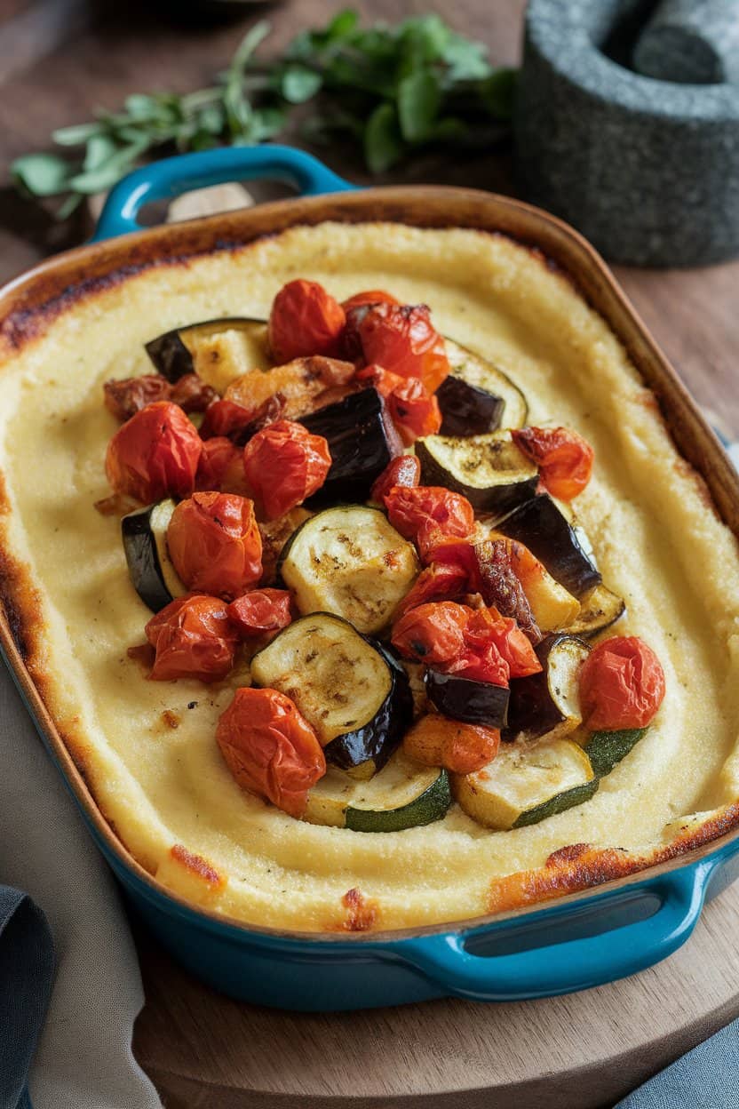 An indoor casserole dish of creamy polenta topped with chunky roasted zucchini, eggplant, and tomatoes, no text or logos.
