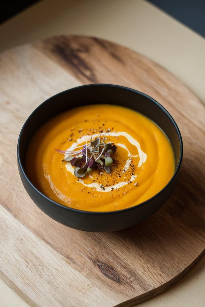Indoor photo of velvety orange butternut squash soup in a matte black bowl, garnished with microgreens and cracked pepper. No text or logos.