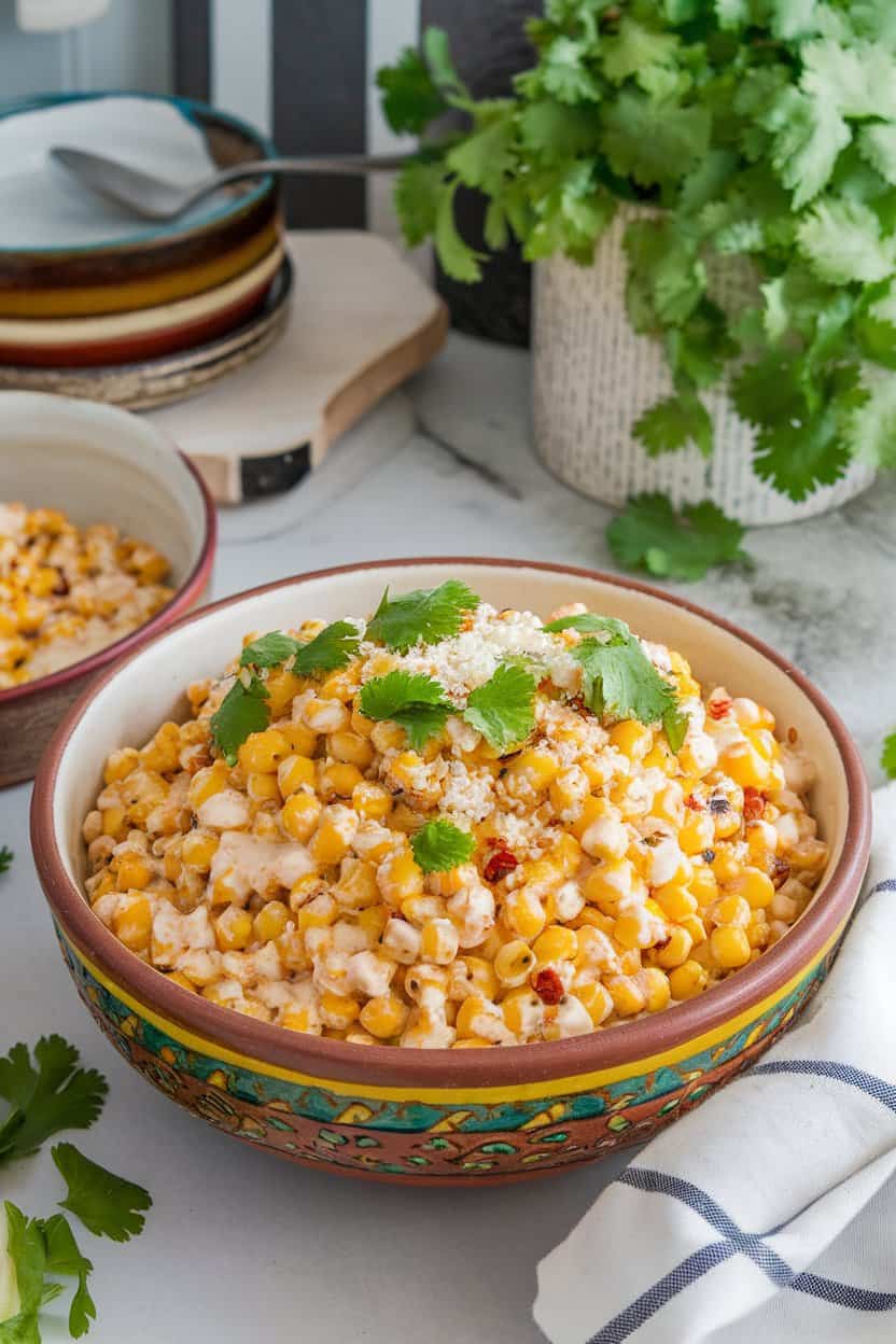 Photo of an indoor counter showcasing a ceramic bowl packed with grilled corn kernels tossed in creamy chili-lime dressing, sprinkled with Cotija cheese and chopped cilantro. No text or logos in the image.