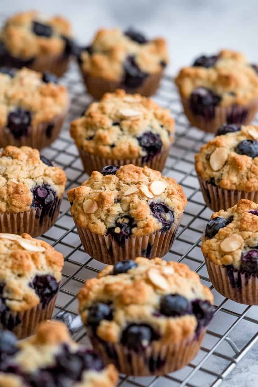 Indoor photo of a cooling rack filled with golden almond-flour blueberry muffins, blueberries visible in the crumb; no text or logos present.