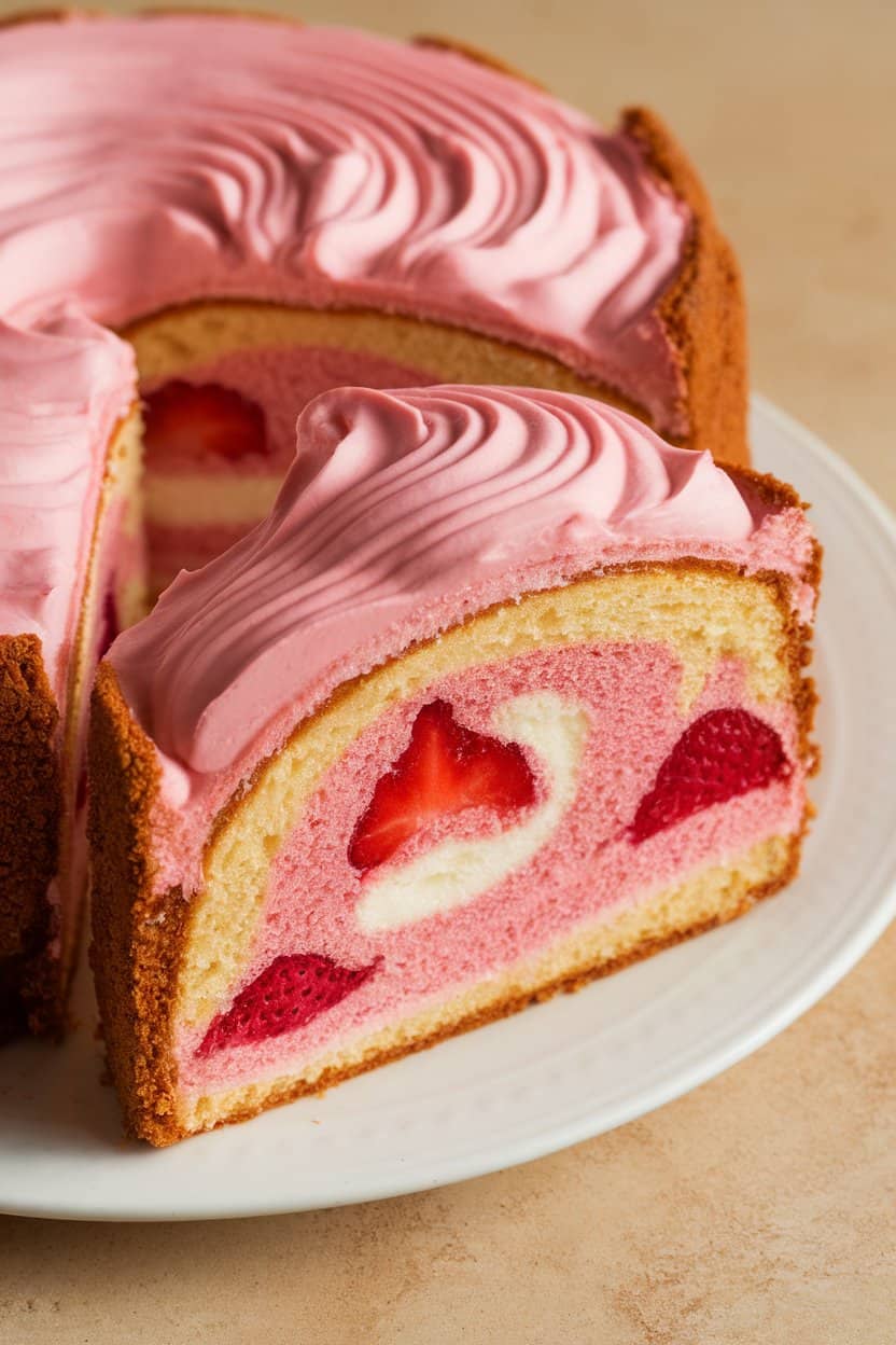 Indoor table featuring a pink-swirled King Cake slice revealing strawberry filling and creamy swirl, no text or logos.