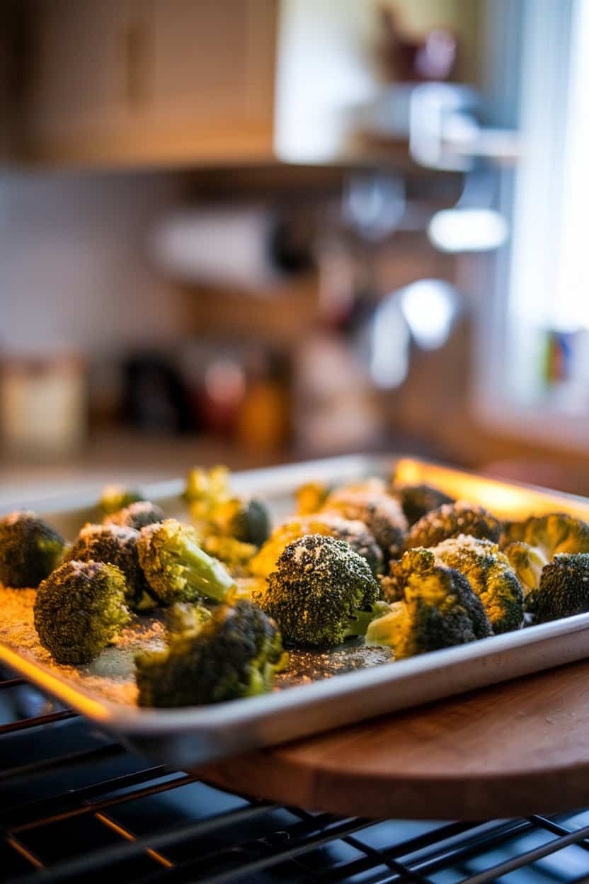 Indoor photo of a baking sheet holding roasted broccoli florets dusted with grated Parmesan; warm oven light, no text or logos