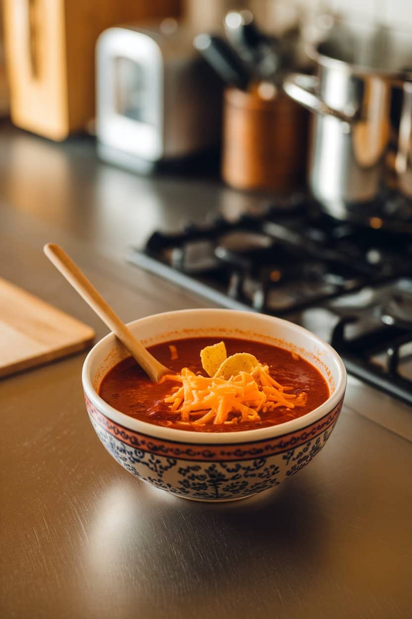 Indoor kitchen island scene showing a bowl of red enchilada soup with shredded cheese and a few crushed tortilla chips; no text or logos.