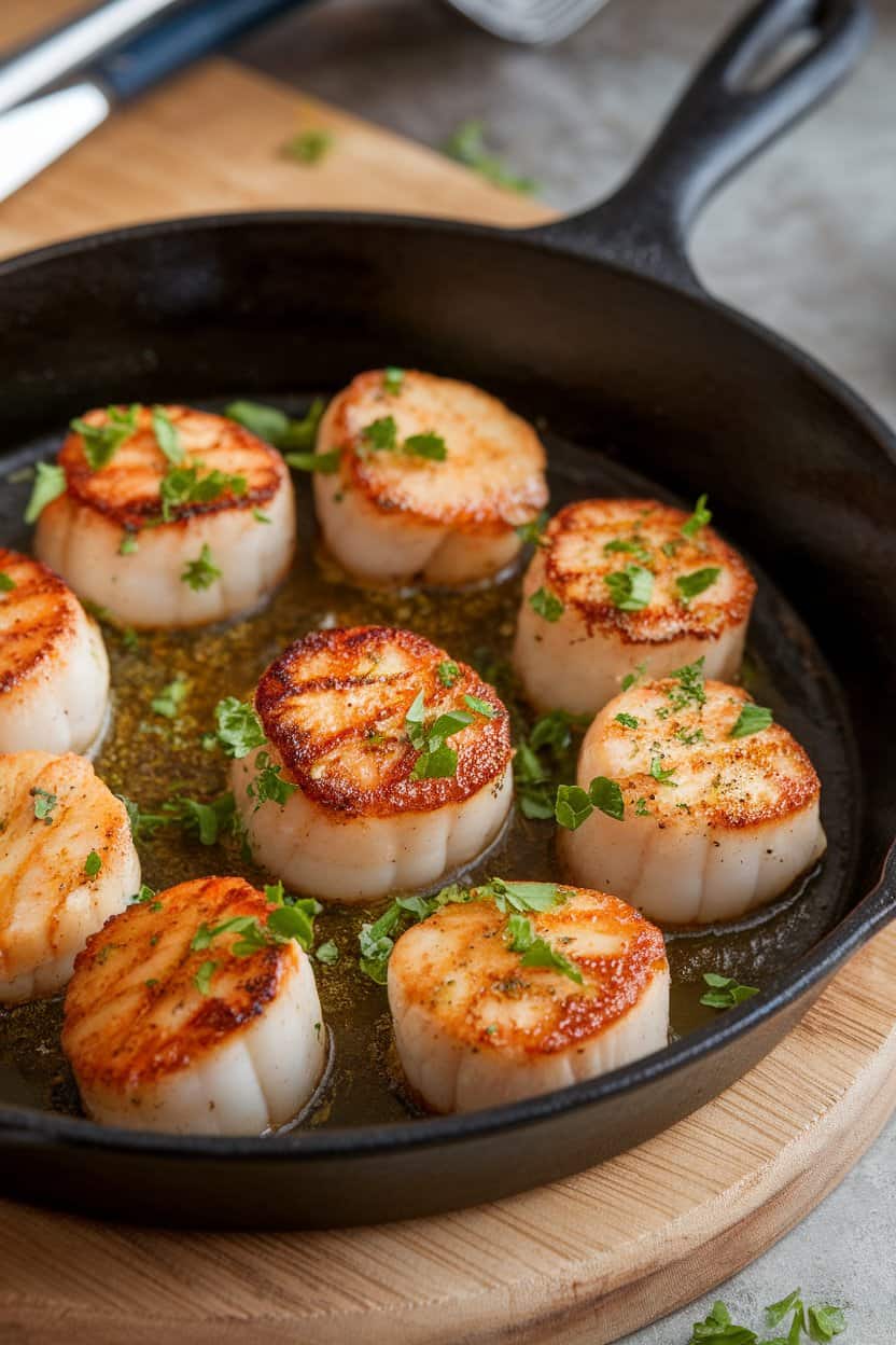 An indoor dining table showing a cast-iron skillet of cooked sea scallops with caramelized tops, nestled in a glossy lemon-butter sauce and sprinkled with parsley. No text or logos present; photo only.