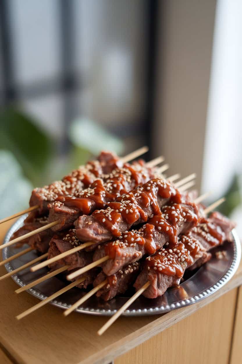 An indoor platter of bite-size beef skewers glazed with teriyaki sauce and sprinkled with sesame seeds. No text or logos.