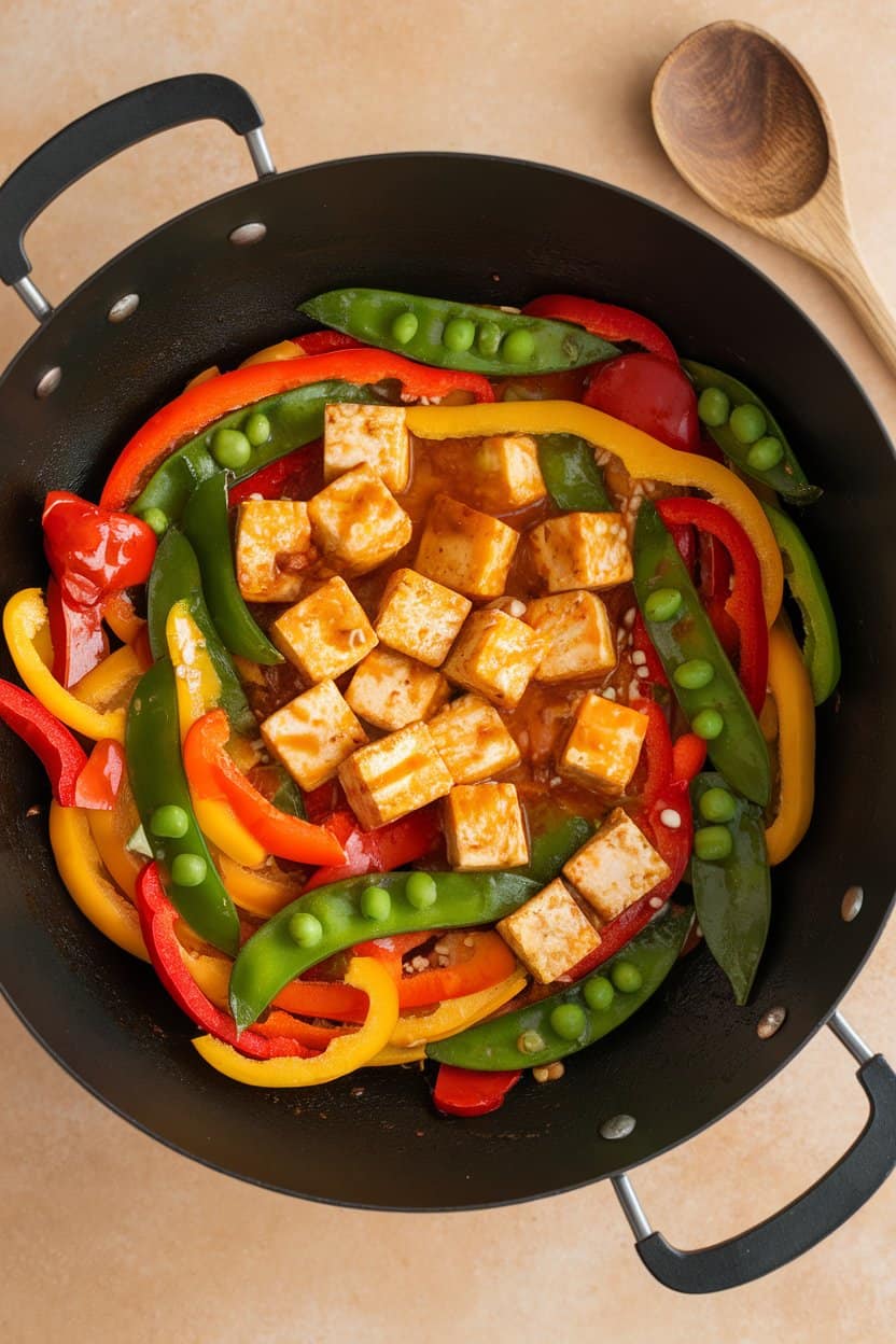 Indoor photo of a wok filled with colorful bell peppers, snap peas, and golden tofu cubes coated in teriyaki sauce; slight overhead angle, no text or logos