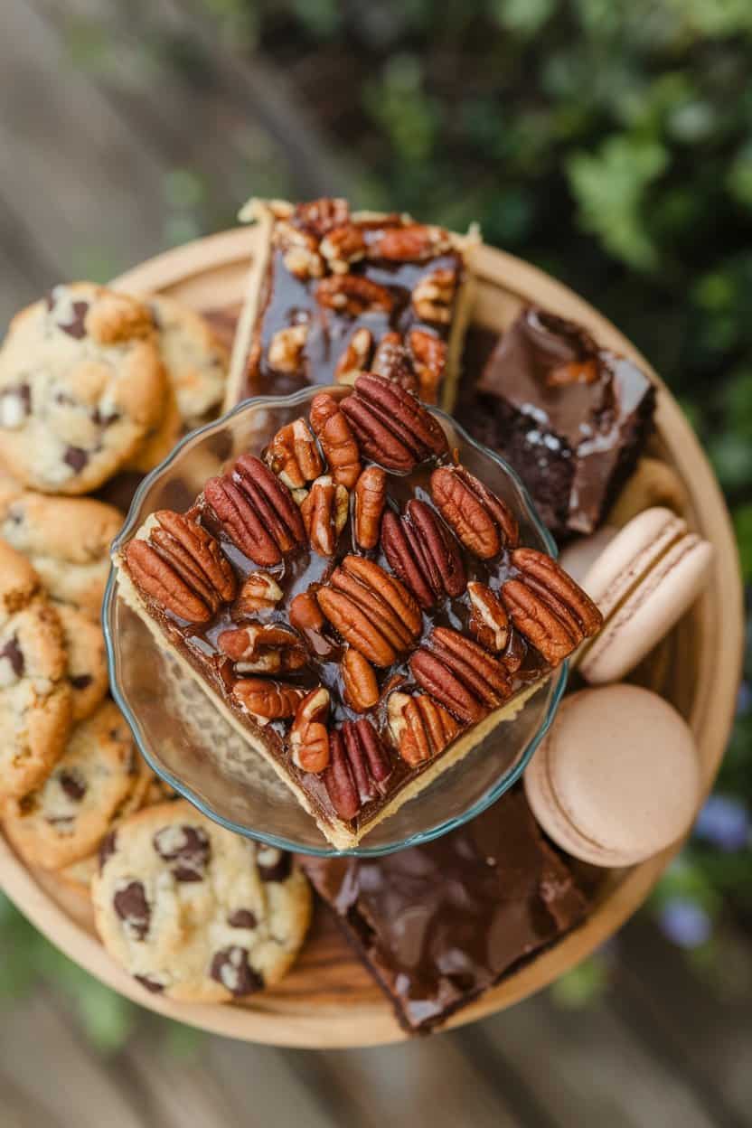 Indoor dessert board with pecan pie bars featuring glossy pecan topping and shortbread crust, shot overhead. No text or logos, photo.