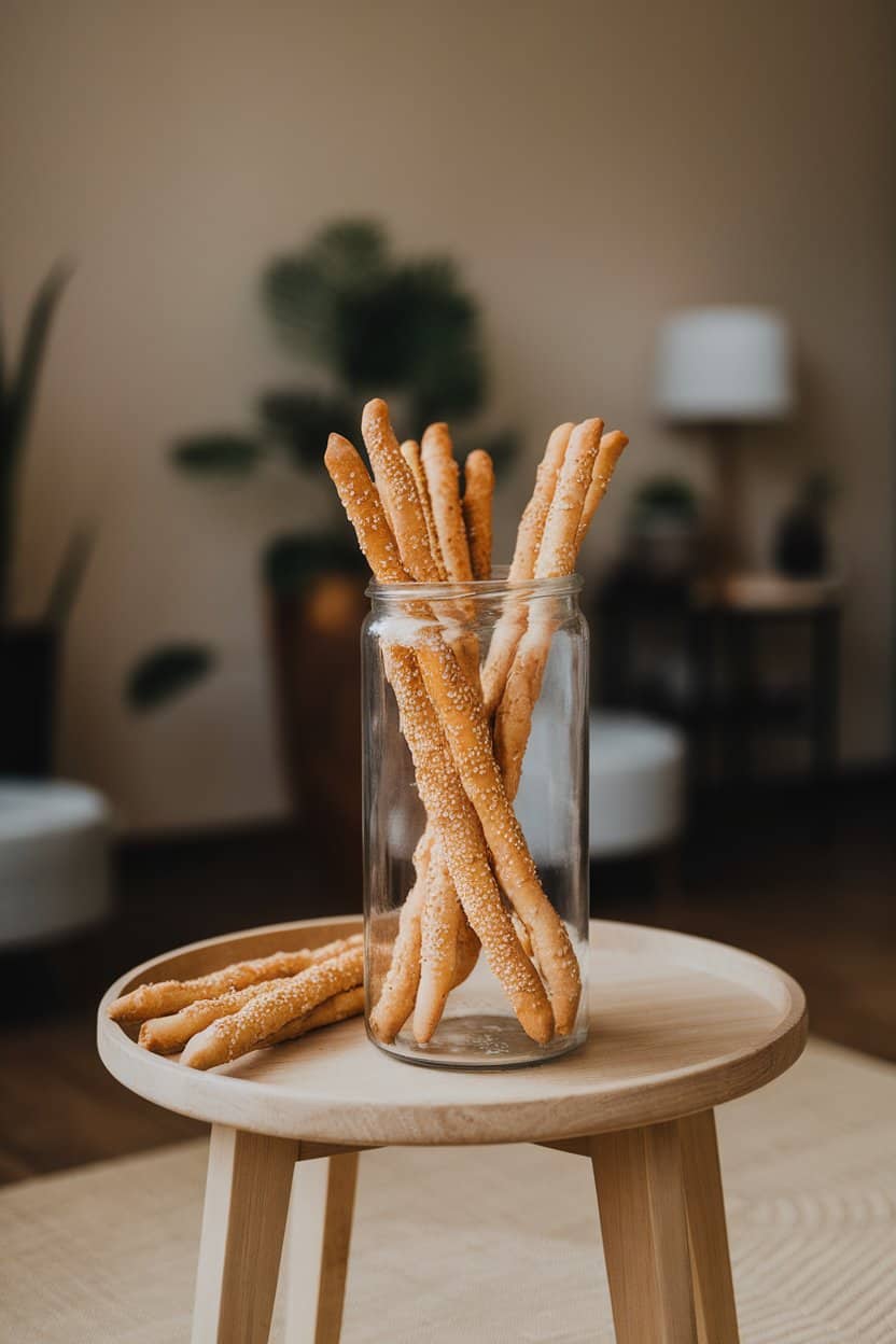 Indoor photo of long, thin breadsticks coated in toasted sesame seeds lying in a tall glass jar on the table; soft indoor lighting, no text or logos.