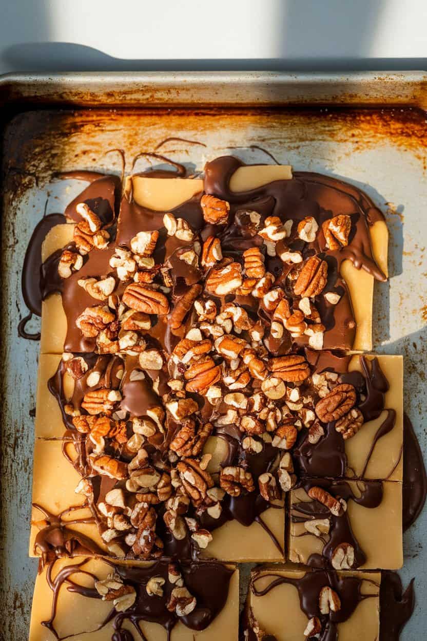 Indoor baking sheet covered with pieces of saltine toffee topped with melted chocolate and chopped pecans. No text or logos, photo.