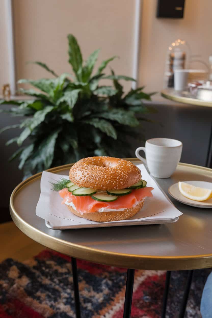 Indoor café-style table with a sesame bagel layered with cream cheese, slices of smoked salmon, thin cucumbers, and dill sprigs. No text or logos, photo not illustration.