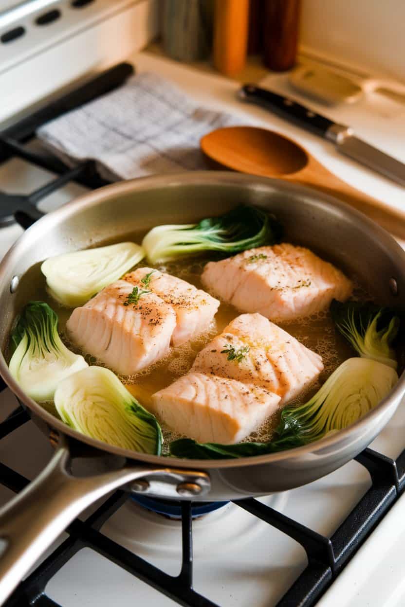 An indoor stovetop scene featuring a shallow pan of cooked cod fillets poached in ginger-garlic broth alongside wilted bok choy. No raw fish, no text or logos.