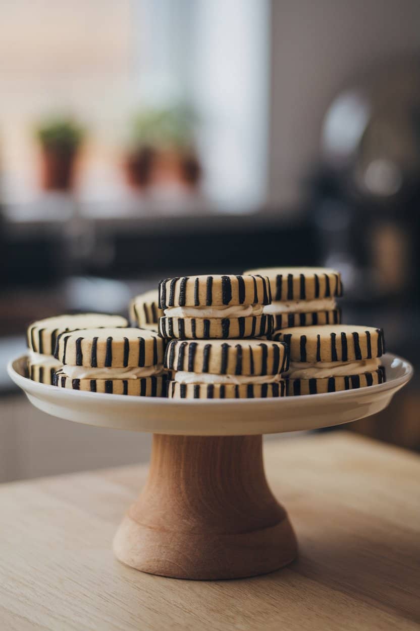 Photo of sandwich cookies with black-and-white vertical stripes, filled with vanilla cream, seen on an indoor cake stand. No text or logos included.
