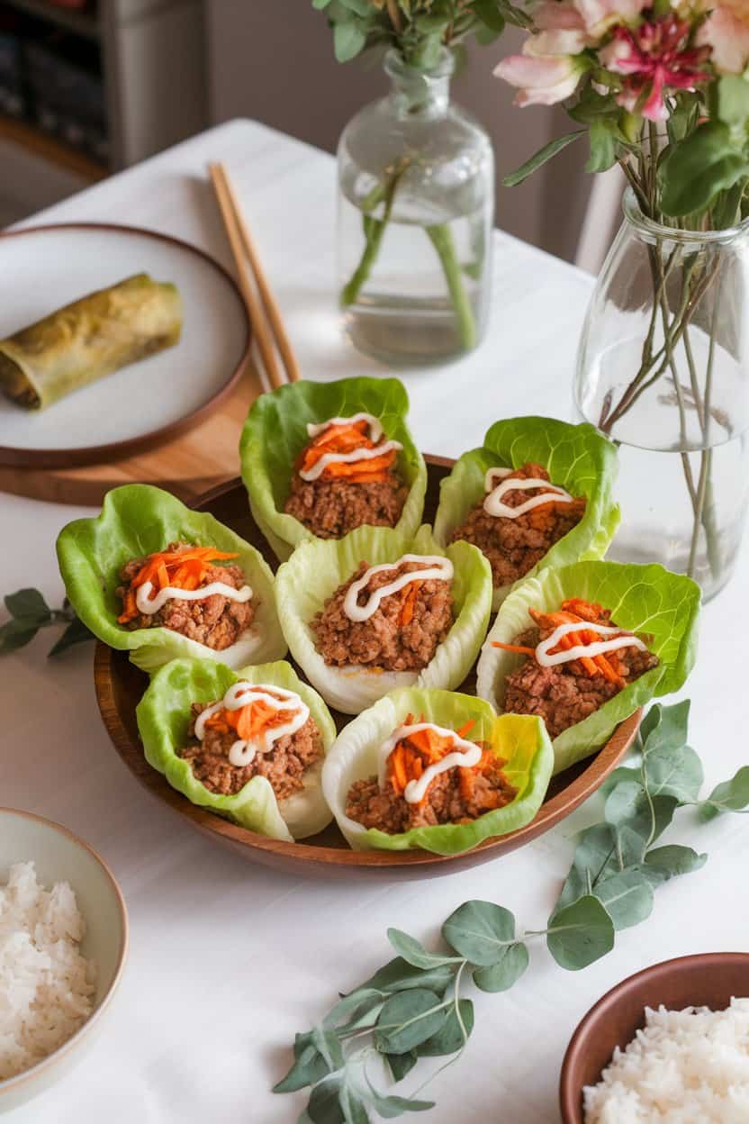 Indoor dining table with iceberg lettuce cups filled with seasoned ground turkey, shredded carrots, and hoisin drizzle. Photo, no text or logos.