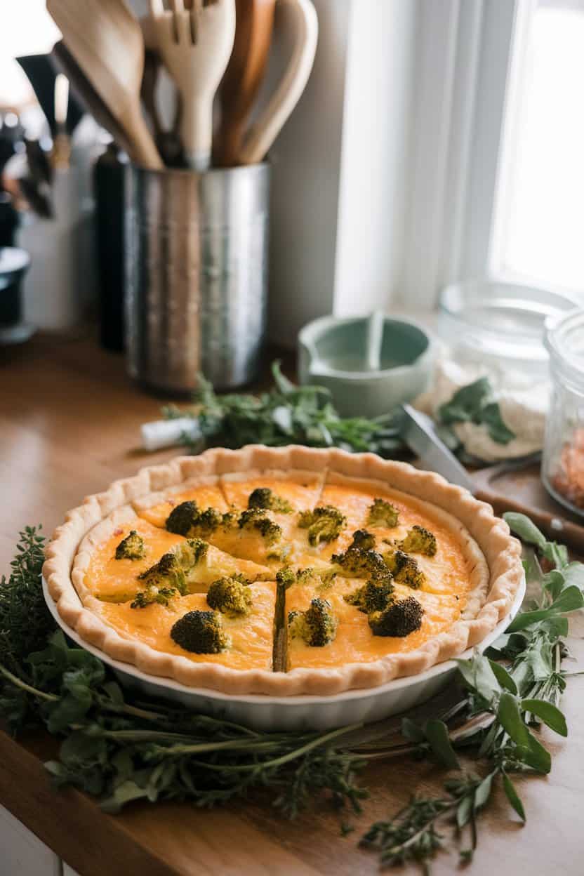 A pie dish on an indoor kitchen island featuring a sliced quiche with broccoli florets and cheddar visible in each wedge, no text or logos.