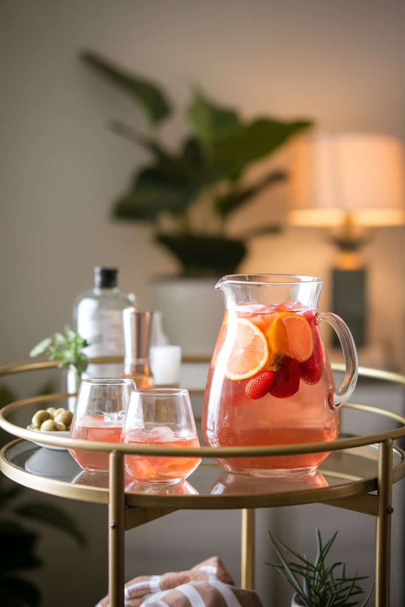 A softly lit indoor bar cart featuring a pitcher of rose-colored sangria filled with citrus slices and strawberries, two stemless glasses beside it. No text or logos; photo.