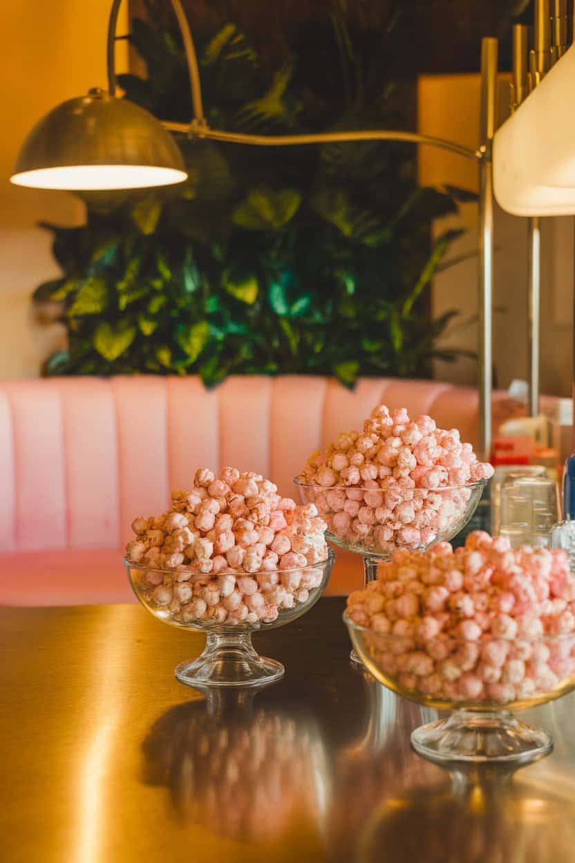 A warmly lit indoor snack bar displaying bowls of pastel pink candy-coated popcorn, no logos or text visible.