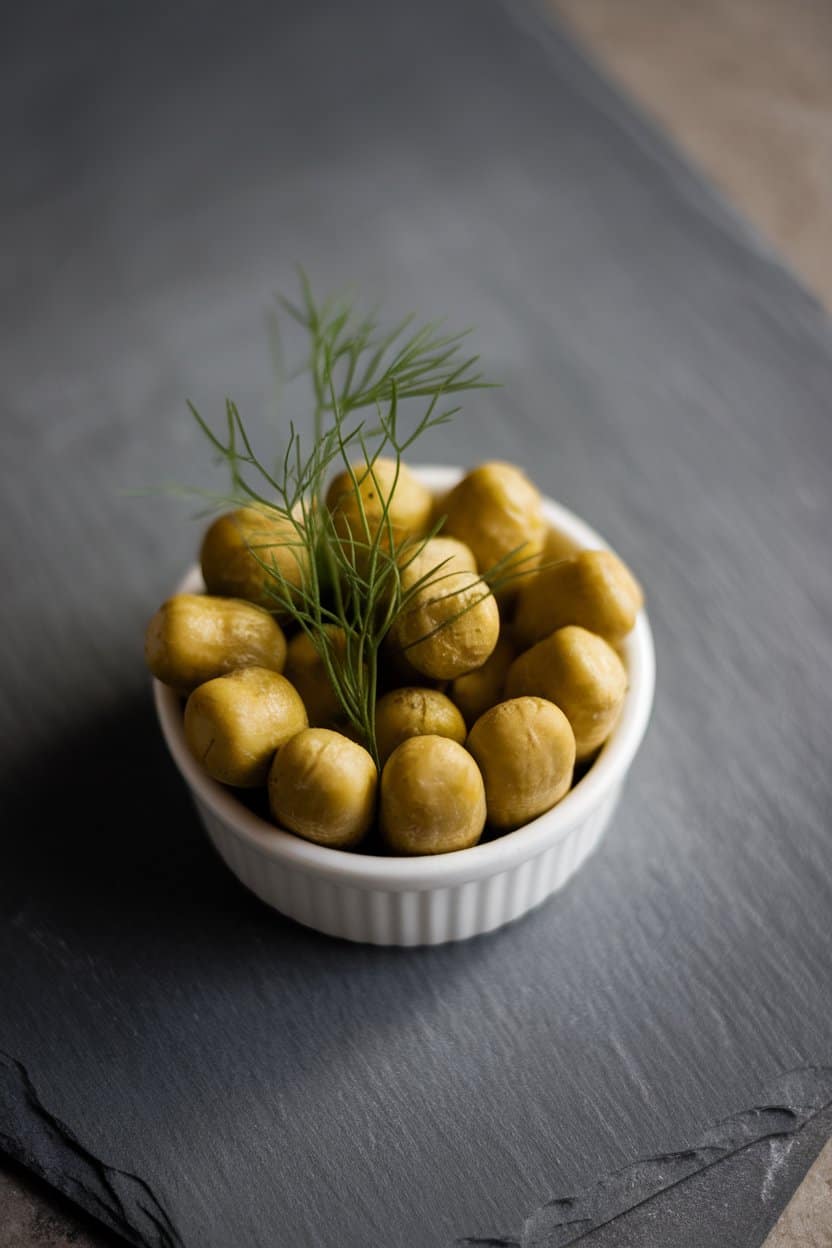Indoor photo of mini French cornichons dotted with fresh dill fronds in a petite ramekin on a slate surface; subtle side lighting, no text or logos.