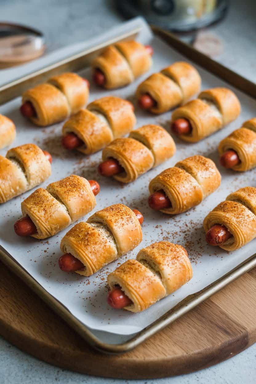An indoor baking sheet lined with golden crescent-wrapped mini dogs sprinkled in everything bagel seasoning, no text or logos.