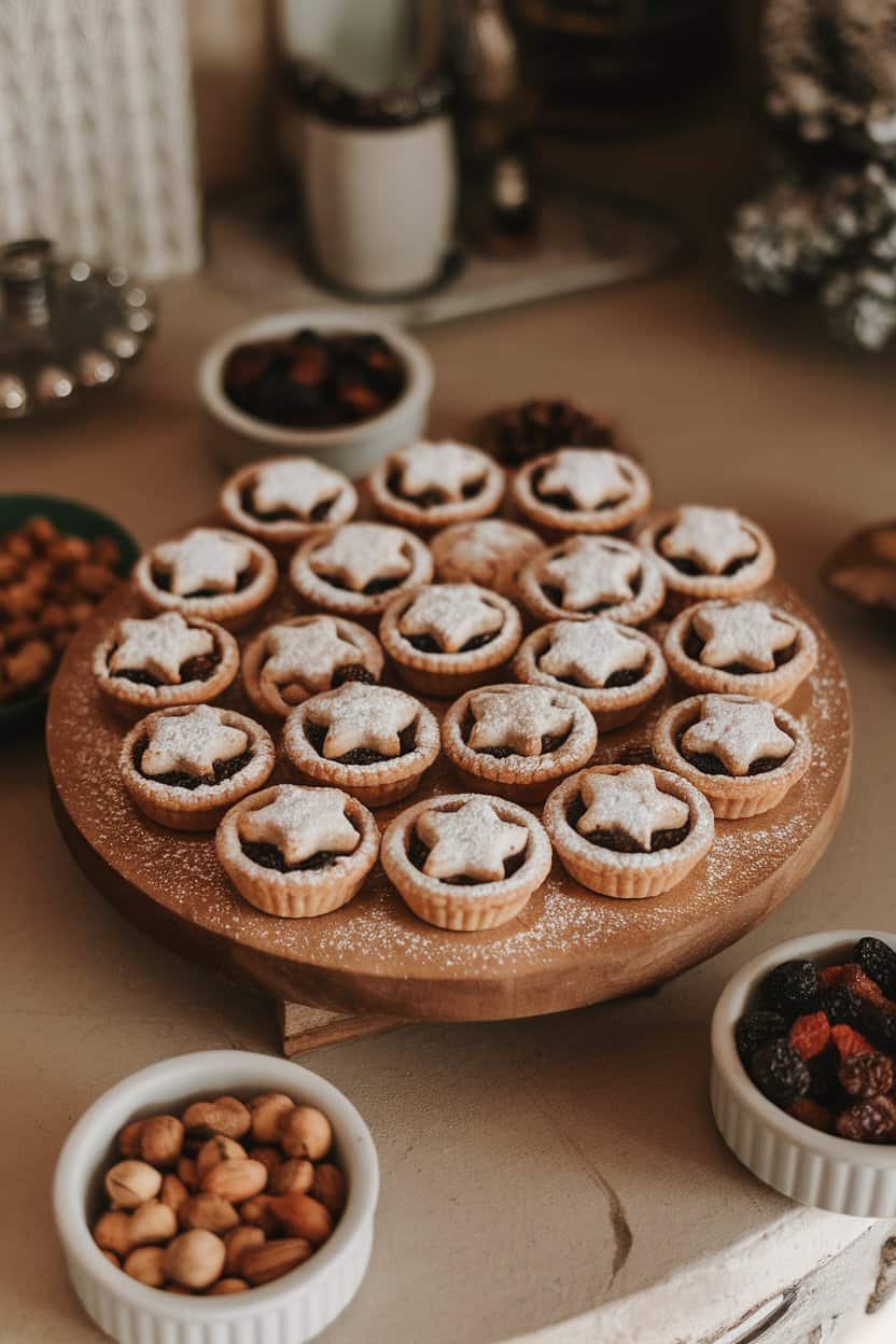 Warm indoor hearth setting with small mince pies dusted lightly with powdered sugar, star-shaped pastry lids on top. No text or logos anywhere. Photo only.