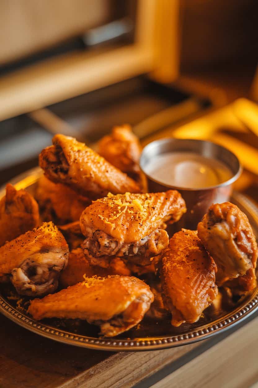 A platter indoors showcasing golden chicken wings dusted with lemon zest and cracked pepper, a small cup of ranch nearby. No visible text or branding.