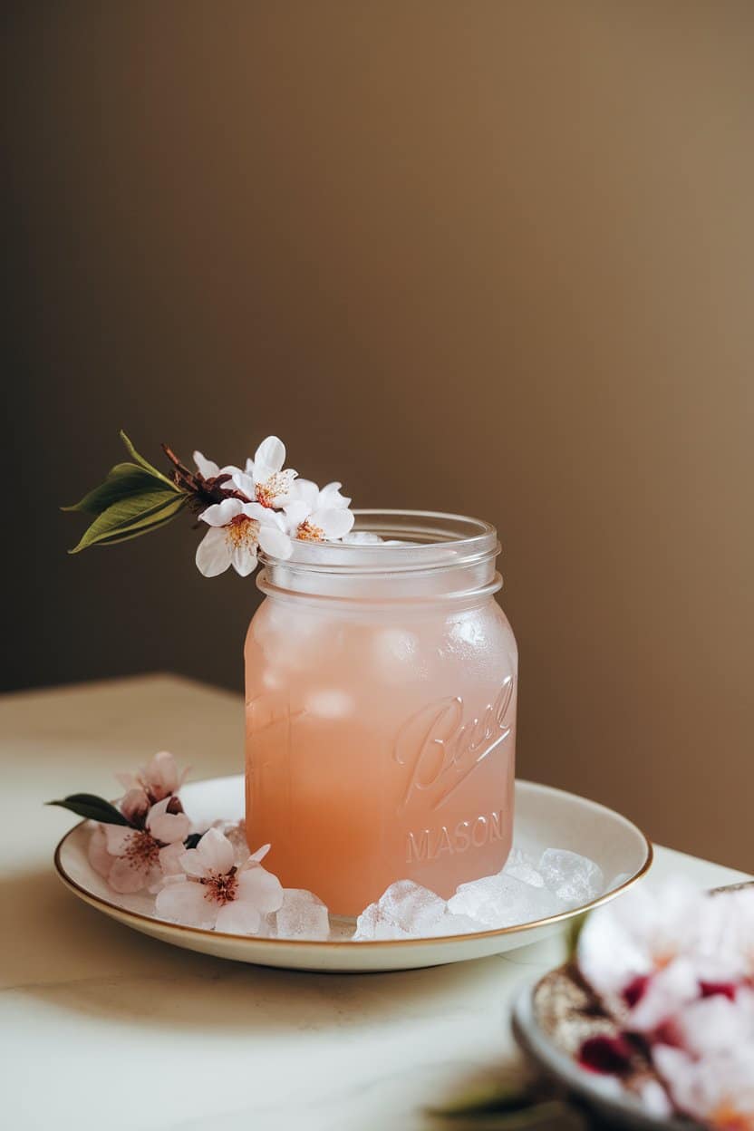 Photo of an indoor dining table showcasing a mason jar filled with pale pink cherry lemonade mocktail, crushed ice, and a sprig of cherry blossom-style edible flowers; no text or logos.