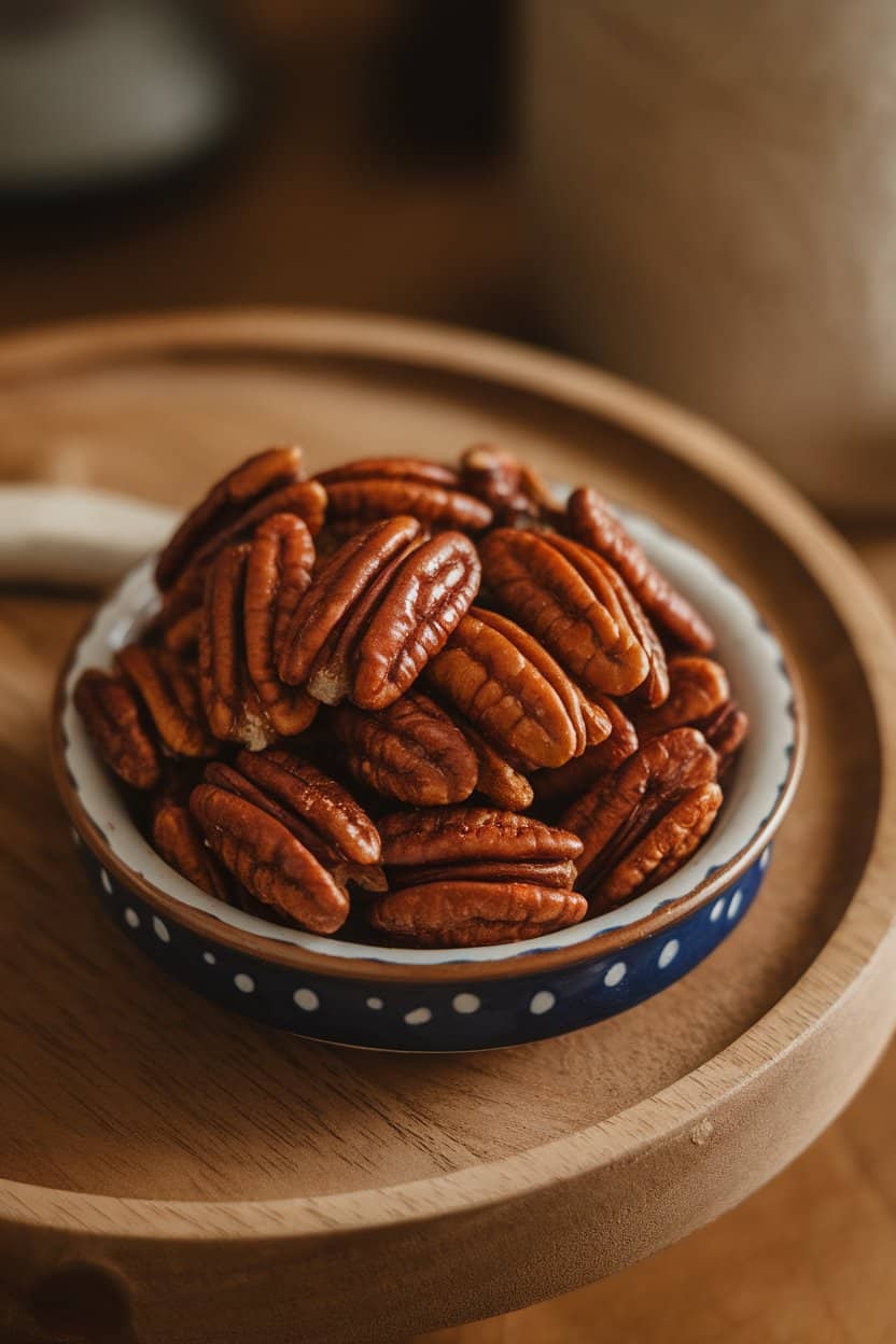 Indoor photo of glossy candied pecans coated in cinnamon and cayenne resting in a porcelain dish on a wood platter; warm light, no text or logos.