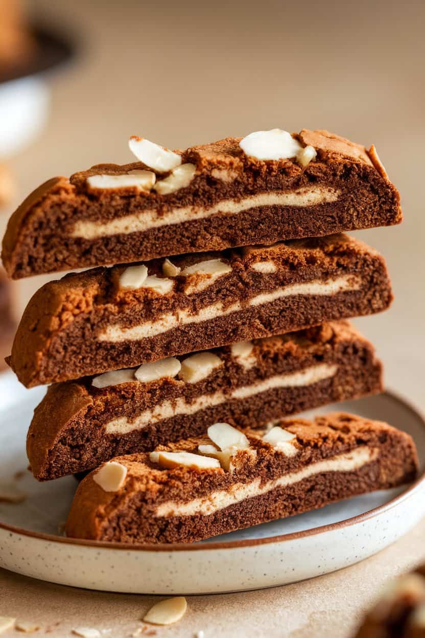 Indoor photo of long vegan mocha biscotti with almond slivers, stacked neatly, no text or logos