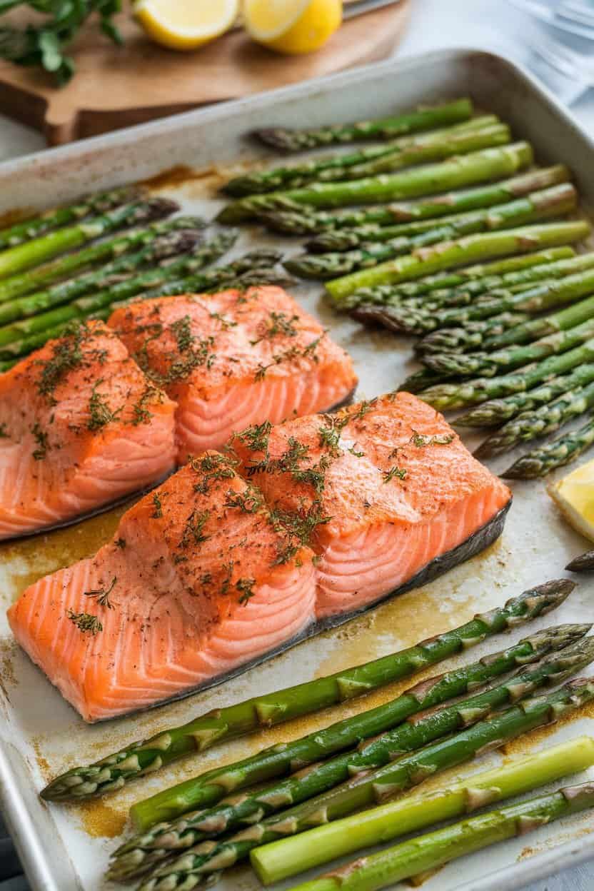 Photo of an indoor sheet pan featuring salmon fillets and bright green asparagus spears coated in garlic butter, fresh from the oven. No text or logos.