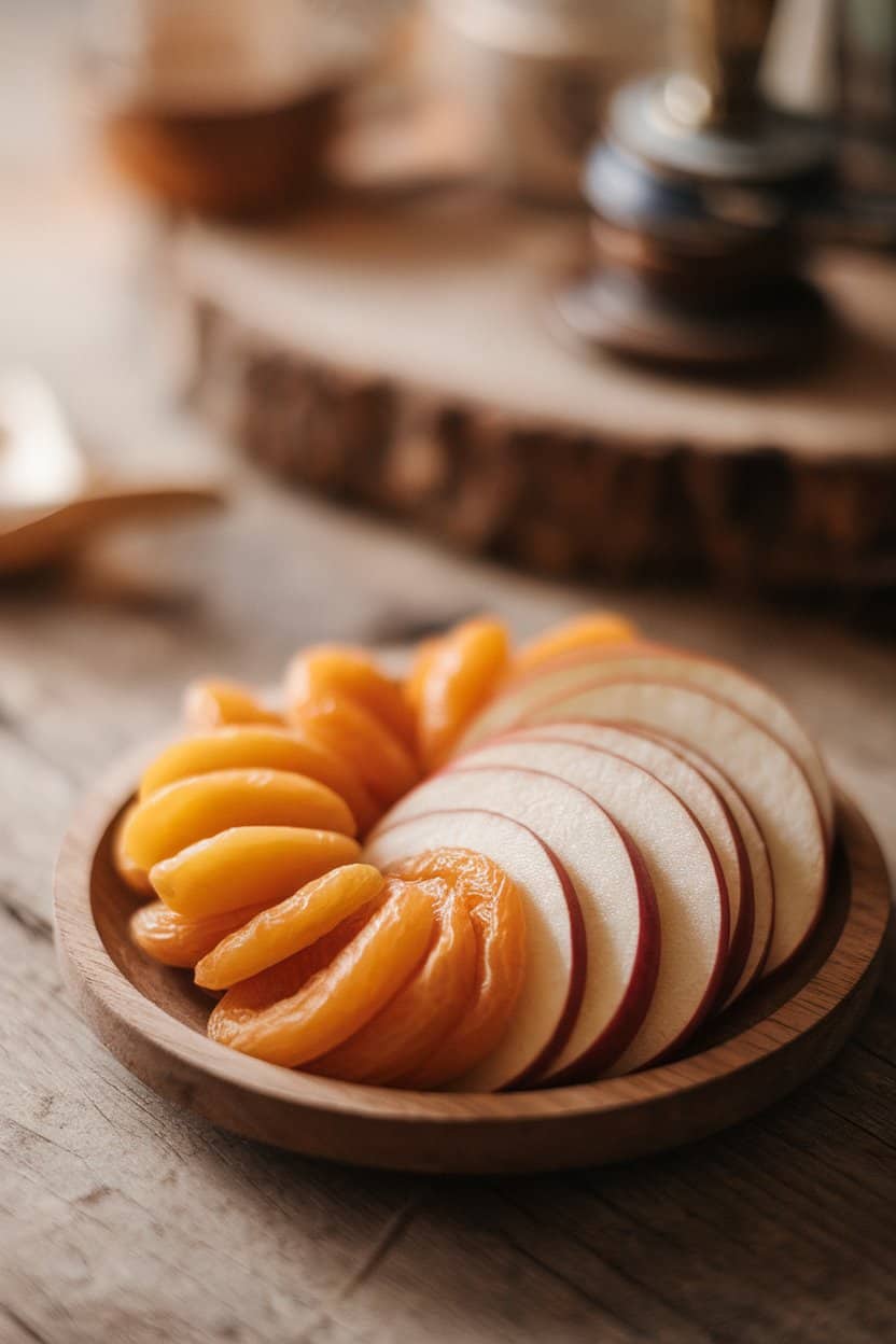 Indoor photo of neatly fanned dried apricots and apple rings on a wooden saucer, soft focused light, no text or logos.