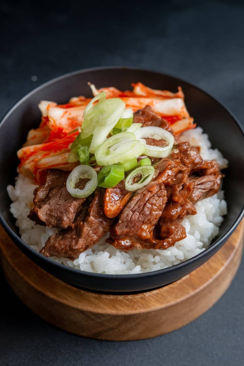 A bowl of white rice topped with bulgogi beef, kimchi, and sliced scallions, photographed indoors. No text or logos present. Photo only.